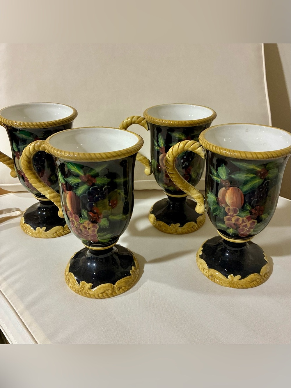 Raymond Waites Set/4 Grapes and Holly Pedestal Mugs